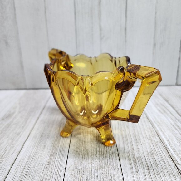 Vintage MCM Amber Pressed Glass Footed Crown Top Dish Bowl with Two Handle - Picture 3 of 9